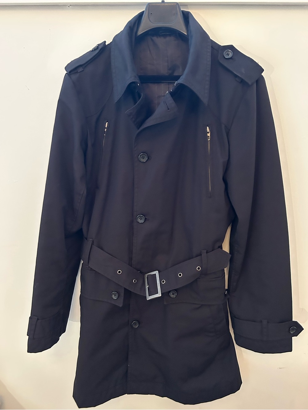 Men's Black Trench Coat with Belted Waist